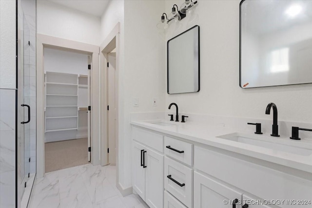 845 Springfield Ct, Durant, OK 74701 - full bath with marble finish floors, a stall shower, double vanity, and a walk in closet