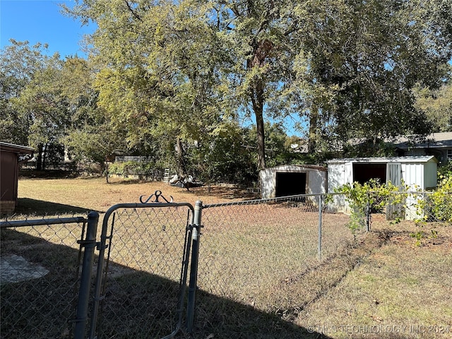 view of yard featuring a storage shed