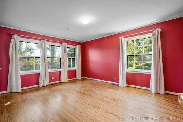 spare room featuring crown molding, a healthy amount of sunlight, and light hardwood / wood-style flooring