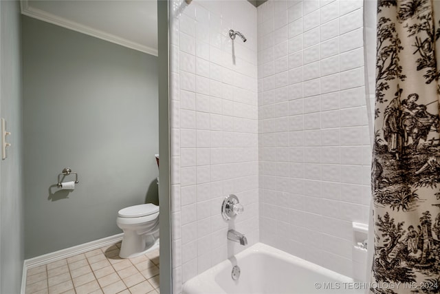 bathroom featuring toilet, ornamental molding, shower / bath combination with curtain, and tile patterned flooring