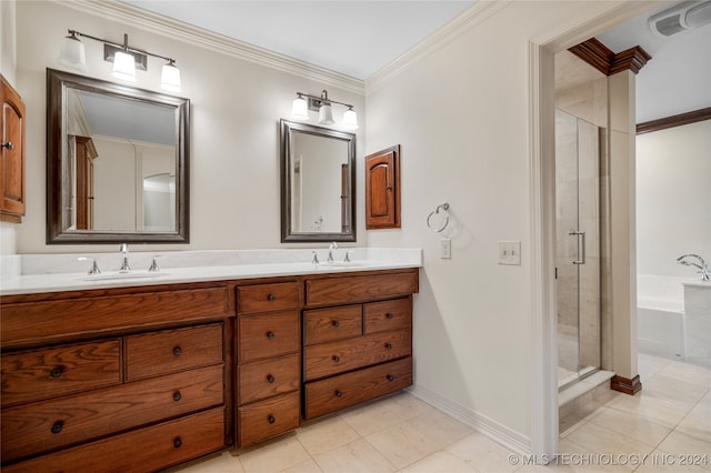 bathroom with vanity, plus walk in shower, ornamental molding, and tile patterned flooring