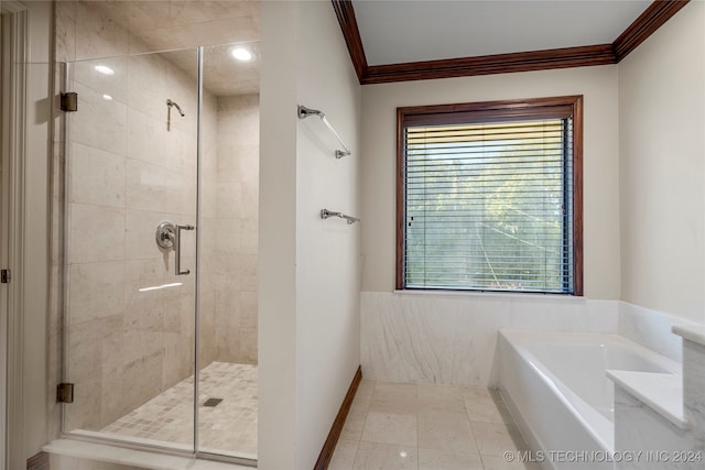 bathroom featuring separate shower and tub, crown molding, and tile patterned flooring