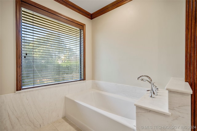 bathroom featuring crown molding, a healthy amount of sunlight, tile patterned floors, and a washtub