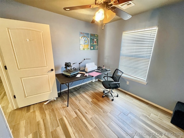 home office with ceiling fan and wood-type flooring