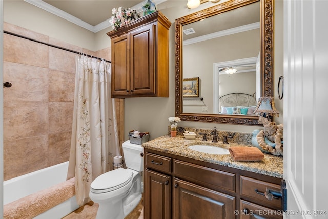 full bathroom with shower / bath combo, toilet, ornamental molding, vanity, and ceiling fan