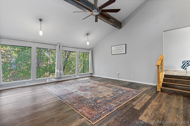 living room featuring ceiling fan, beam ceiling, dark wood-type flooring, and high vaulted ceiling