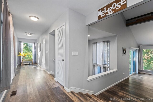 hall with lofted ceiling and dark wood-type flooring