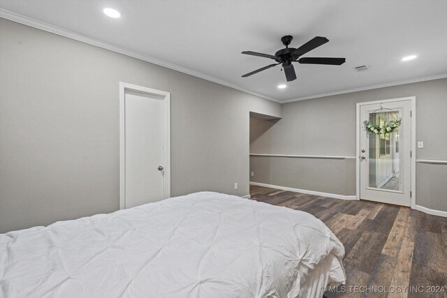 bedroom with ceiling fan, access to exterior, wood-type flooring, and ornamental molding