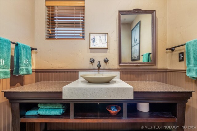 bathroom with vanity and wooden walls