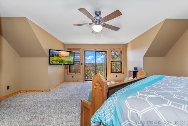 bedroom featuring carpet flooring, ceiling fan, access to exterior, and lofted ceiling