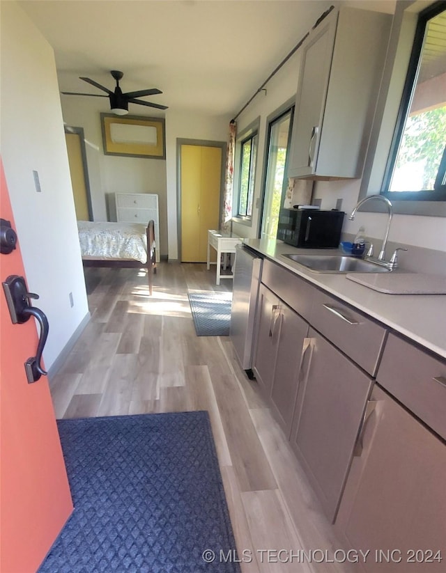 kitchen with sink, dishwashing machine, light hardwood / wood-style floors, and a healthy amount of sunlight