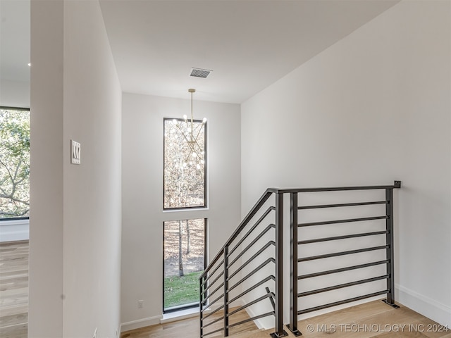 stairway with hardwood / wood-style flooring, a healthy amount of sunlight, and a chandelier