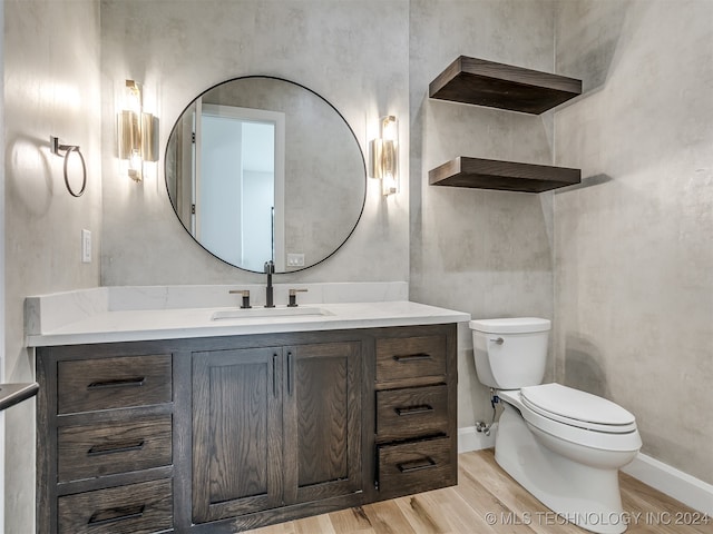 bathroom with vanity, toilet, and wood-type flooring