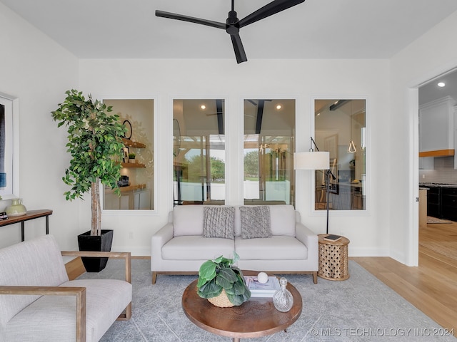 living room featuring ceiling fan and hardwood / wood-style flooring