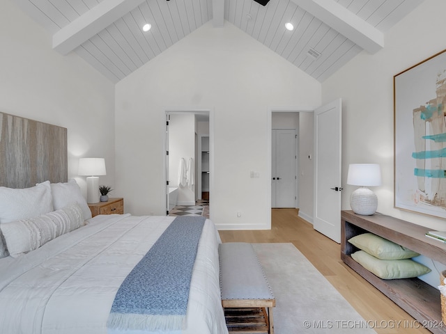 bedroom with beam ceiling, wood ceiling, high vaulted ceiling, and light wood-type flooring