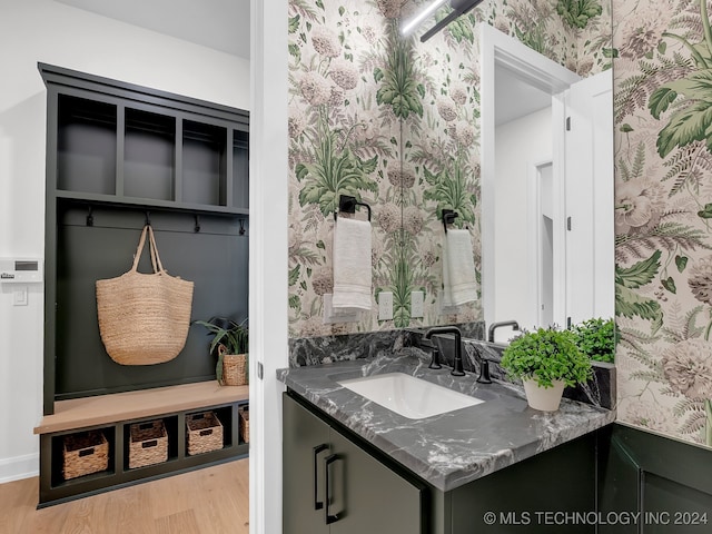 bathroom with vanity and hardwood / wood-style flooring