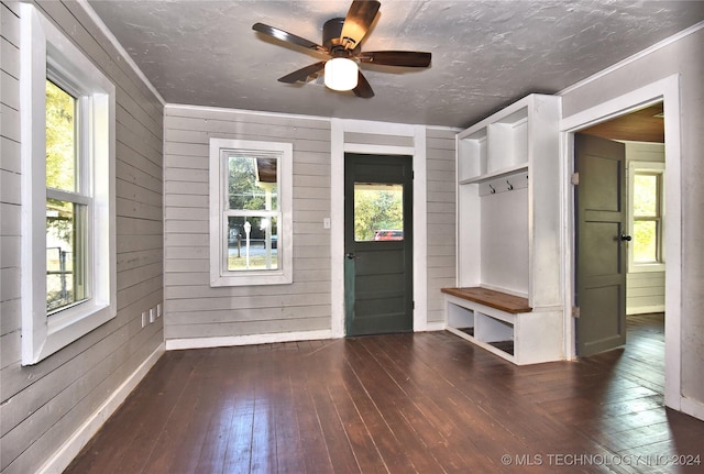 mudroom with dark wood-type flooring, a wealth of natural light, and wooden walls