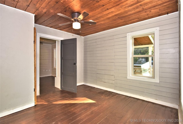 spare room with dark hardwood / wood-style flooring, wooden ceiling, ceiling fan, and wood walls