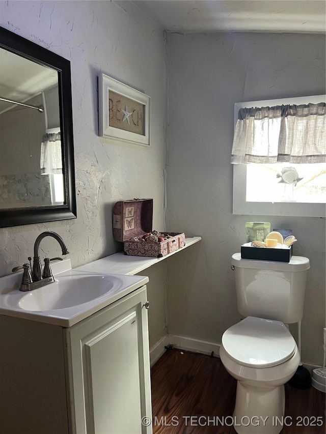 bathroom featuring vanity, hardwood / wood-style floors, and toilet