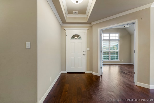 foyer entrance with crown molding and dark hardwood / wood-style floors