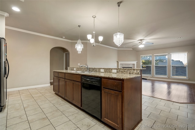 kitchen featuring ornamental molding, light hardwood / wood-style flooring, dishwasher, and pendant lighting