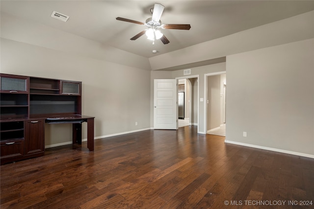 unfurnished living room featuring ceiling fan, lofted ceiling, and dark hardwood / wood-style floors