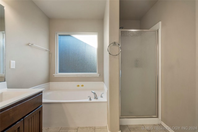 15410 E 87th St, Owasso, OK 74055 - full bathroom with tile patterned flooring, a shower stall, vanity, and a bath
