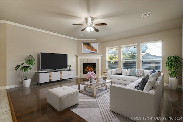 15410 E 87th St, Owasso, OK 74055 - living room with a ceiling fan, baseboards, wood finished floors, and a tile fireplace