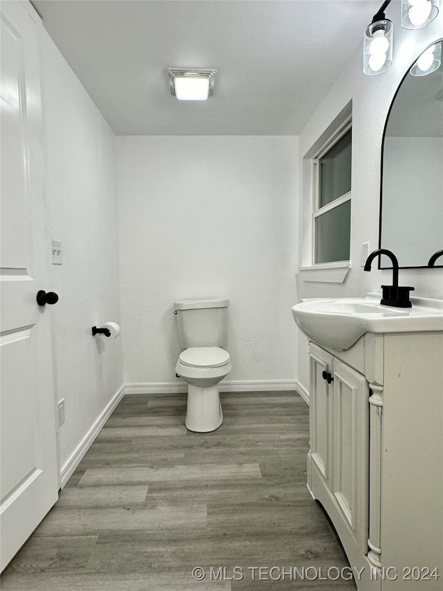 bathroom with vanity, wood-type flooring, and toilet