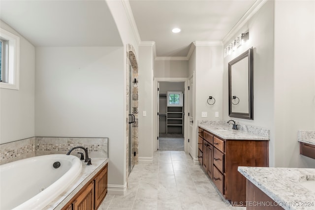 bathroom featuring vanity, crown molding, a wealth of natural light, and shower with separate bathtub