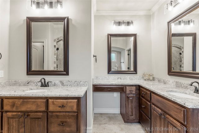 bathroom with vanity, crown molding, and tile patterned floors