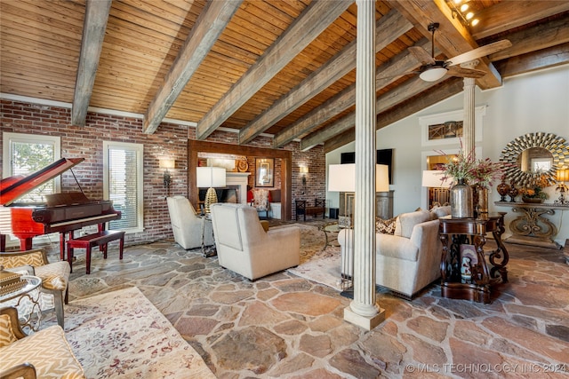 living room featuring wood ceiling, brick wall, and beamed ceiling