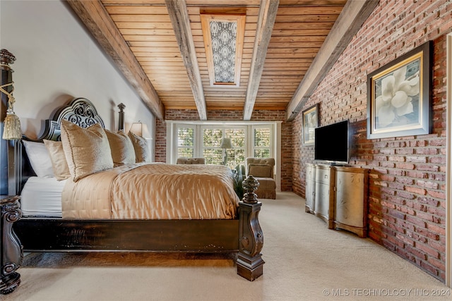 carpeted bedroom featuring beamed ceiling, brick wall, and wood ceiling