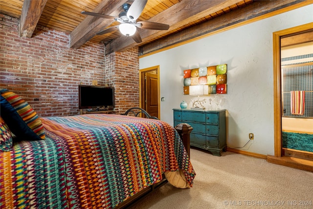 bedroom with carpet floors, beam ceiling, wooden ceiling, and ceiling fan