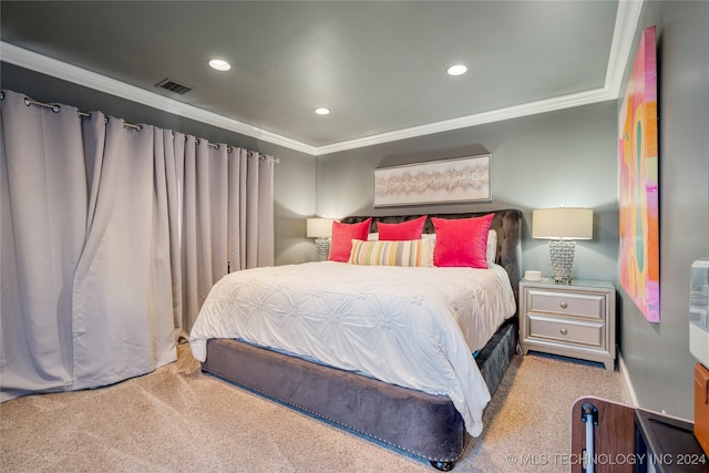 carpeted bedroom with crown molding