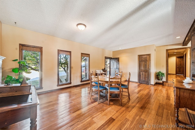 dining space with a textured ceiling and light hardwood / wood-style flooring