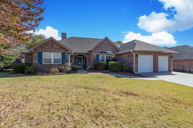 ranch-style home featuring brick siding, a chimney, a front lawn, and roof with shingles