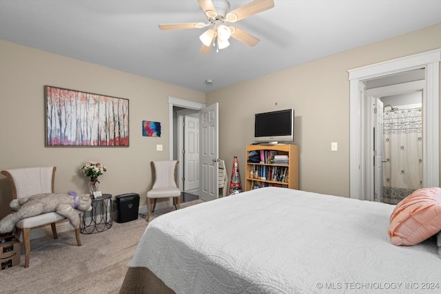 bedroom with light colored carpet and ceiling fan