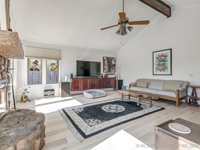 living room with light wood-type flooring, a textured ceiling, ceiling fan, beam ceiling, and high vaulted ceiling