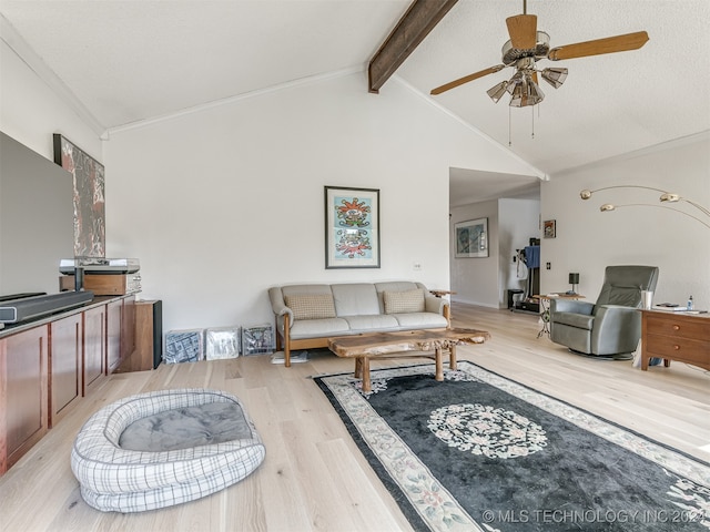 living room with light hardwood / wood-style floors, beam ceiling, high vaulted ceiling, and ceiling fan