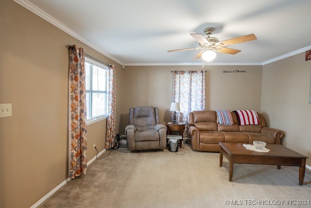 carpeted living room with crown molding and ceiling fan