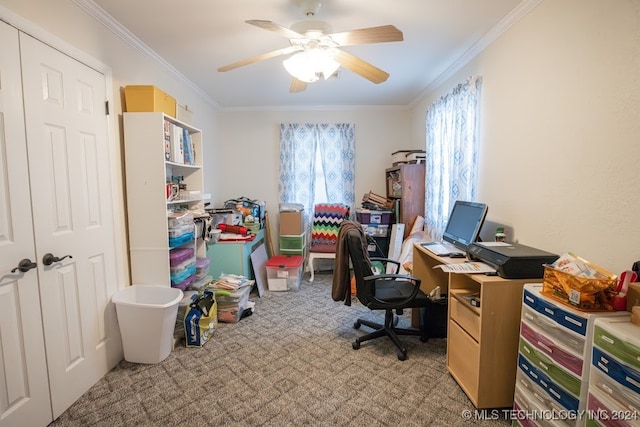 office area with ornamental molding, light carpet, and ceiling fan