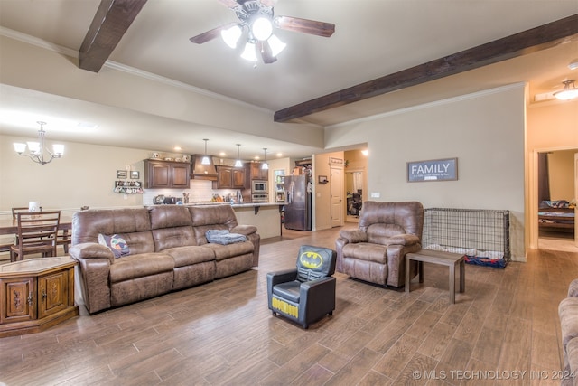 living room featuring wood-type flooring, sink, ceiling fan with notable chandelier, beamed ceiling, and crown molding