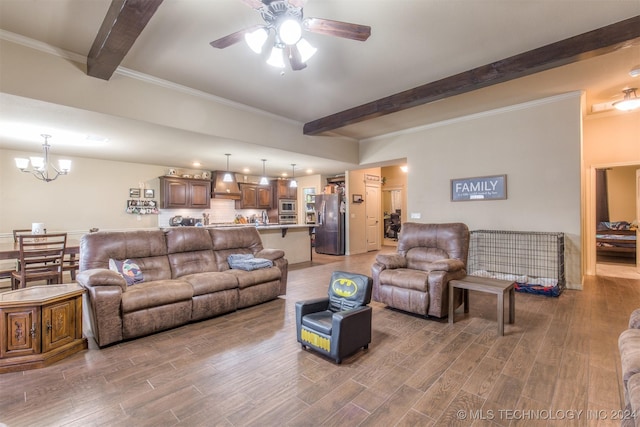 living room featuring ornamental molding, beam ceiling, ceiling fan with notable chandelier, and wood finished floors