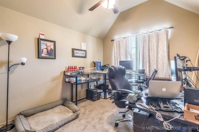 home office with a ceiling fan, lofted ceiling, and carpet flooring