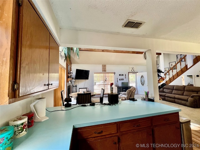 kitchen with kitchen peninsula and a textured ceiling