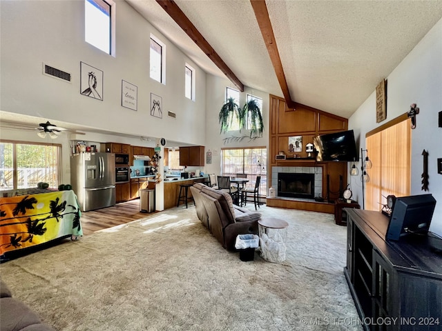 living room featuring light hardwood / wood-style flooring, a healthy amount of sunlight, high vaulted ceiling, and ceiling fan