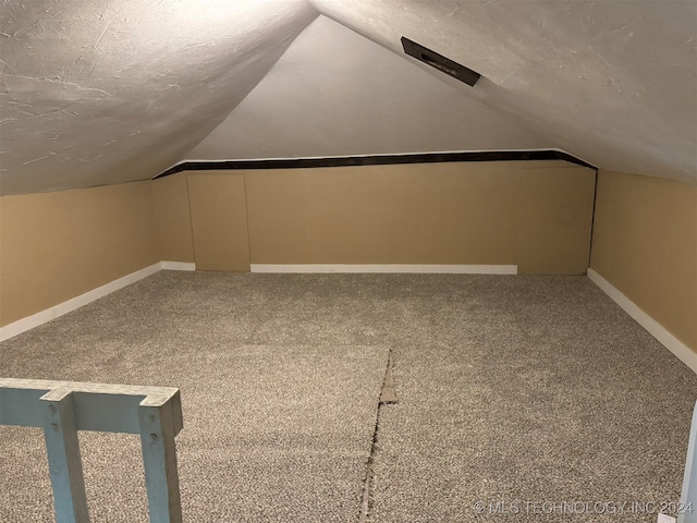 additional living space with lofted ceiling, a textured ceiling, and carpet flooring