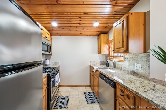 kitchen featuring light stone countertops, appliances with stainless steel finishes, wood ceiling, and light tile patterned flooring