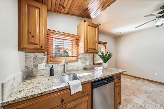 kitchen with wooden ceiling, sink, stainless steel dishwasher, light stone counters, and tasteful backsplash